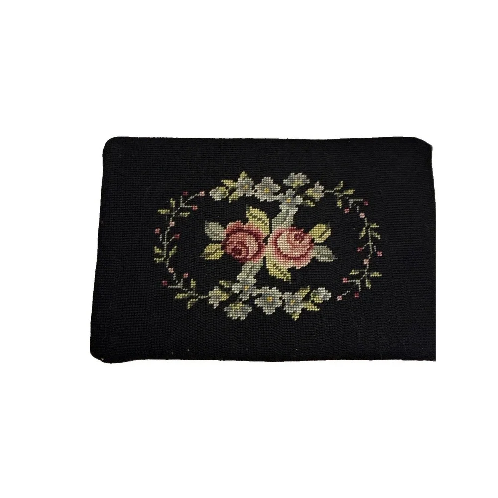 Vtg Victorian Style Needlepoint Maroon Roses Floral Footstool Stool Wood Legs